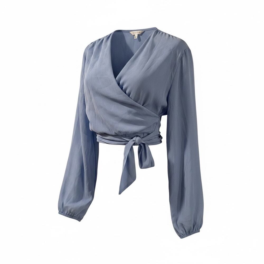 Lyaner Light Blue Wrap Crop Top XL Long Sleeve Tie Waist Surplice Blouse V Neck